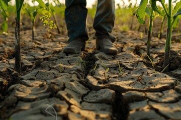 Fototapeta premium Farmer examining dry cracked land under a bright sky, reflecting the impact of drought on agriculture in rural outback