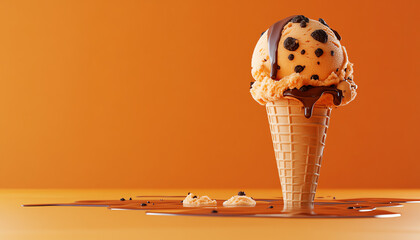 scoop of cookie dough ice cream in a cone, melted chocolate drizzled on top