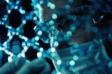 Elderly scientist conducting experiments in a laboratory while wearing gloves and focusing on a test tube filled with liquid