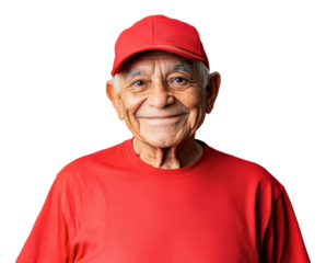 Happy elderly man wearing red clothing and cap, cut out - stock png.