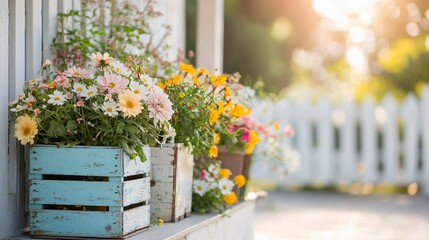 Fototapeta premium Planting a Colorful Row of Late Spring Blooms in Vibrant Planters for a Stunning Outdoor Display