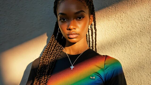 Young woman with braids standing against a wall, sunlight casting a rainbow pattern across her shirt during golden hour