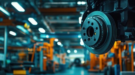 Close-up of a brake disc in a modern automotive workshop with machinery and tools in the background