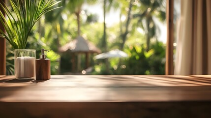 wooden table with tropical background spa products