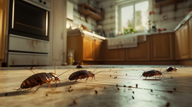 Cockroaches. Close-up of cockroaches crawling on a tiled kitchen floor with modern cabinets in the background. Importance of pest control and prevention for maintaining household