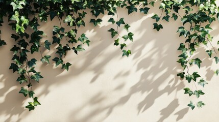 Shadow overlay of cascading ivy leaves on a soft cream wall background, introducing a gentle and organic touch, shadow pattern of ivy leaves, overlay for photo manipulation, ivy