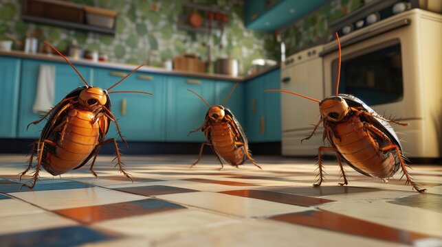 Cockroaches. Close-up of cockroaches crawling on a tiled kitchen floor with modern cabinets in the background. Importance of pest control and prevention for maintaining household