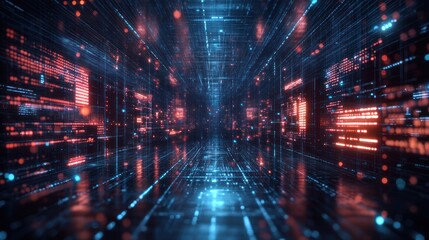Abstract digital corridor with glowing data streams.