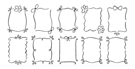 Hand drawn scribble kids frame set with pastel or chalk texture. Doodle decoration with flowers and bows. Crayon vector illustration.