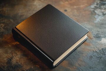 Elegant Black Leather Notebook on Rustic Background Surface