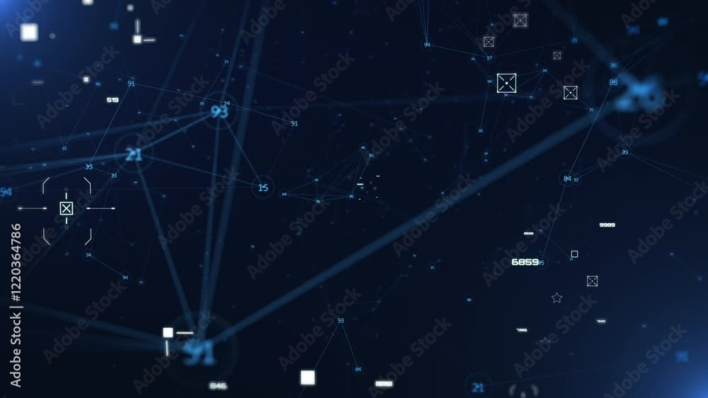 Fototapete Technology digital cyberspace, data network connection. Futuristic sci-fi with hud ui system interface flying through 4K motion background.