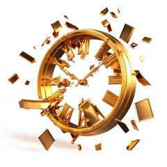A shattered gold clock explodes with fragments, symbolizing the destruction of time and the fleeting nature of moments.