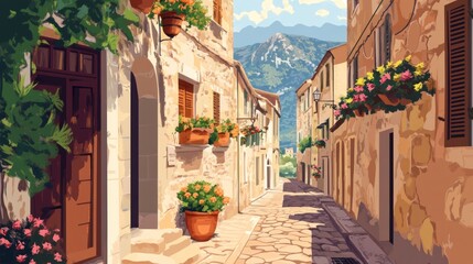 Sunlit cobblestone street in a charming European village, nestled amongst stone buildings and lush greenery, with mountains in the background.