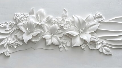 White Floral Bas Relief Wall Decor Featuring Lilies