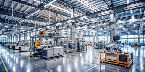Fototapeta premium Sleek machinery assembly on a vast industrial floor with high-tech components and futuristic materials , manufacturing process, high-tech assembly