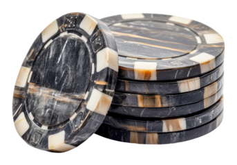 Elegant black and white casino chips stacked high, cut out - stock png.
