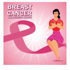 Breast Cancer Awareness Month With Ribbon and Heart Symbol.