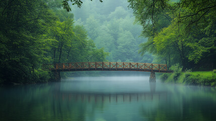Fototapeta premium Misty Forest River with Wooden Bridge Path