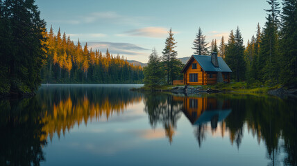 Obraz premium Secluded Log Cabin by a Tranquil Lake in the Forest