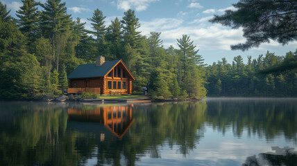 Fototapeta premium Secluded Log Cabin by a Tranquil Lake in the Forest