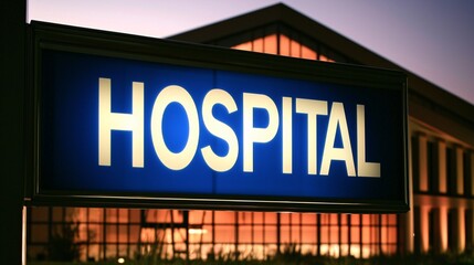 Obraz premium A close-up of a hospital sign with the building in the background, illuminated by soft lighting to highlight the facility's role in offering medical care and services. 
