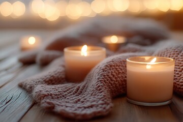 Candles and warm knitted blanket on wooden surface