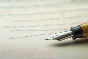 Close-up of ink pen on paper with cursive writing