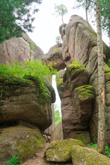 Giant rocks with moss and rocks in the forest