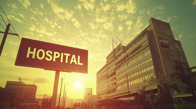 A hospital building at sunrise with a large hospital sign, showcasing its role as an accessible and dependable healthcare facility in the community. 