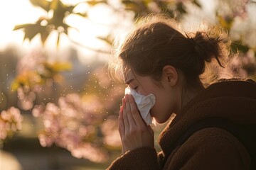 Young woman sneezing amidst blooming flowers, capturing seasonal