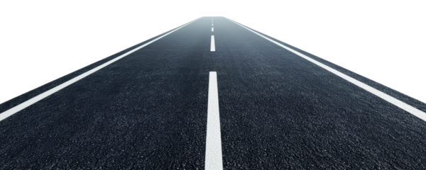 Long empty road stretches into a bright horizon, cut out - stock png.