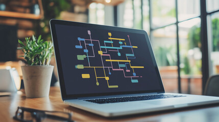 Colorful graph flowchart on screen of laptop on table in modern office.