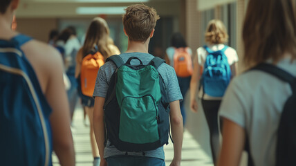 A cinematic still of high school students walking in the hallway. One young man is wearing a green backpack and looking back at the camera. Ai generated