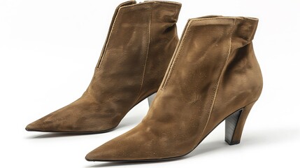 A luxurious pair of ankle boots with a suede finish and pointed toes, neatly positioned on white.