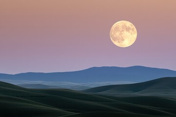 Serene landscape at dusk featuring large moon illuminating gentl