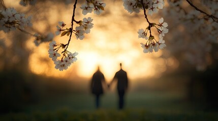 Couple walking hand in hand under blooming branches during sunse