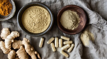 An overhead shot of gut health supplements, including capsules, powders, and probiotics in a minimalist, natural setting.
