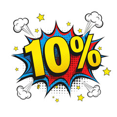 Fototapeta premium Vibrant Cartoon Explosion 10% With Halftone Dots and Speech Bubble On Transparent Background 