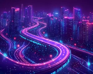 Fototapeta premium Futuristic cityscape with vibrant neon lights and winding roads