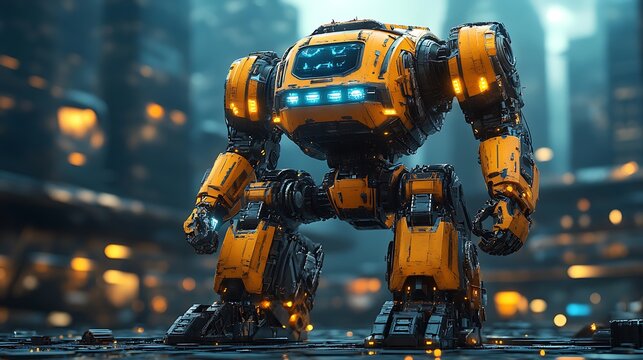 A Large Yellow Robot Stands In A Futuristic City