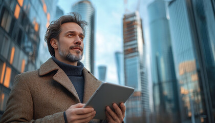 Fototapeta premium Professional man with tablet in futuristic city view