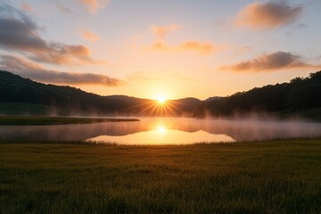 Golden sunrise reflects on tranquil lake amidst lush hills and m