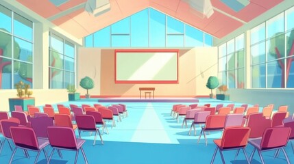 Obraz premium Bright and inviting conference room setup with colorful chairs and large windows showcasing greenery