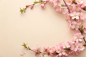 Obraz premium Pink Spring Blossoms Frame: A delicate arrangement of blossoming branches with delicate pink flowers forms a graceful frame, evoking a sense of spring, new beginnings, and gentle beauty. 