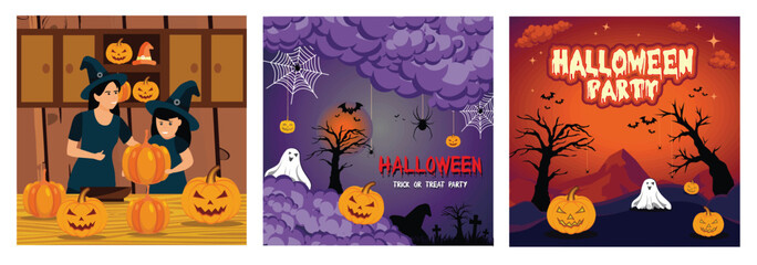 Obraz premium Happy Family preparing for Halloween. Night clouds and pumpkins. Glowing pumpkin on treat or trick fantasy fun party celebration.