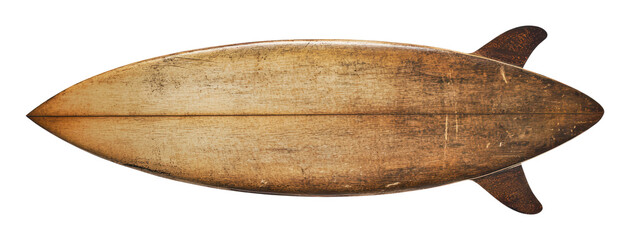 Vintage wooden surfboard on a white background, cut out - stock png.