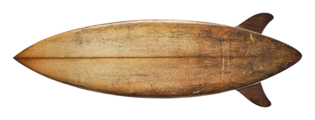 Vintage wooden surfboard on a white background, cut out - stock png.