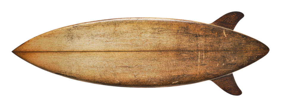 Vintage wooden surfboard on a white background, cut out - stock png.