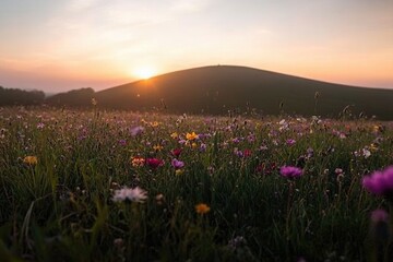 Obraz premium Vibrant wildflowers bloom under stunning sunset, illuminating ro