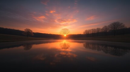 Fototapeta premium Stunning sunset over tranquil water reflects vibrant colors and